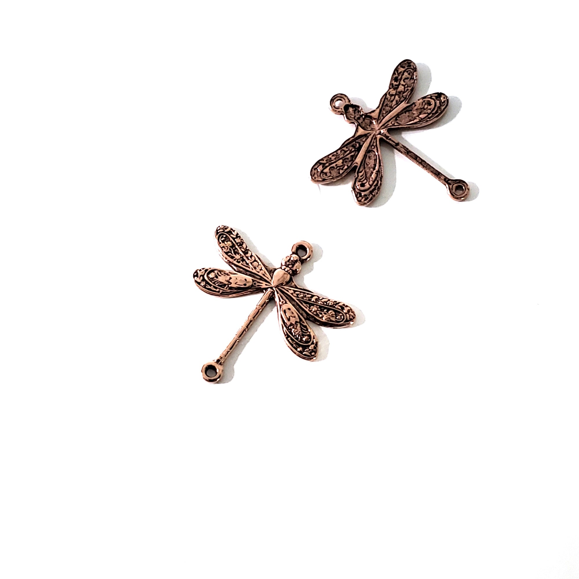 Small Rose Gold Dragonfly Connector Charm, 2 Loops, 24 Kt Gold Plated Brass, Lot Size 10, #02 RG