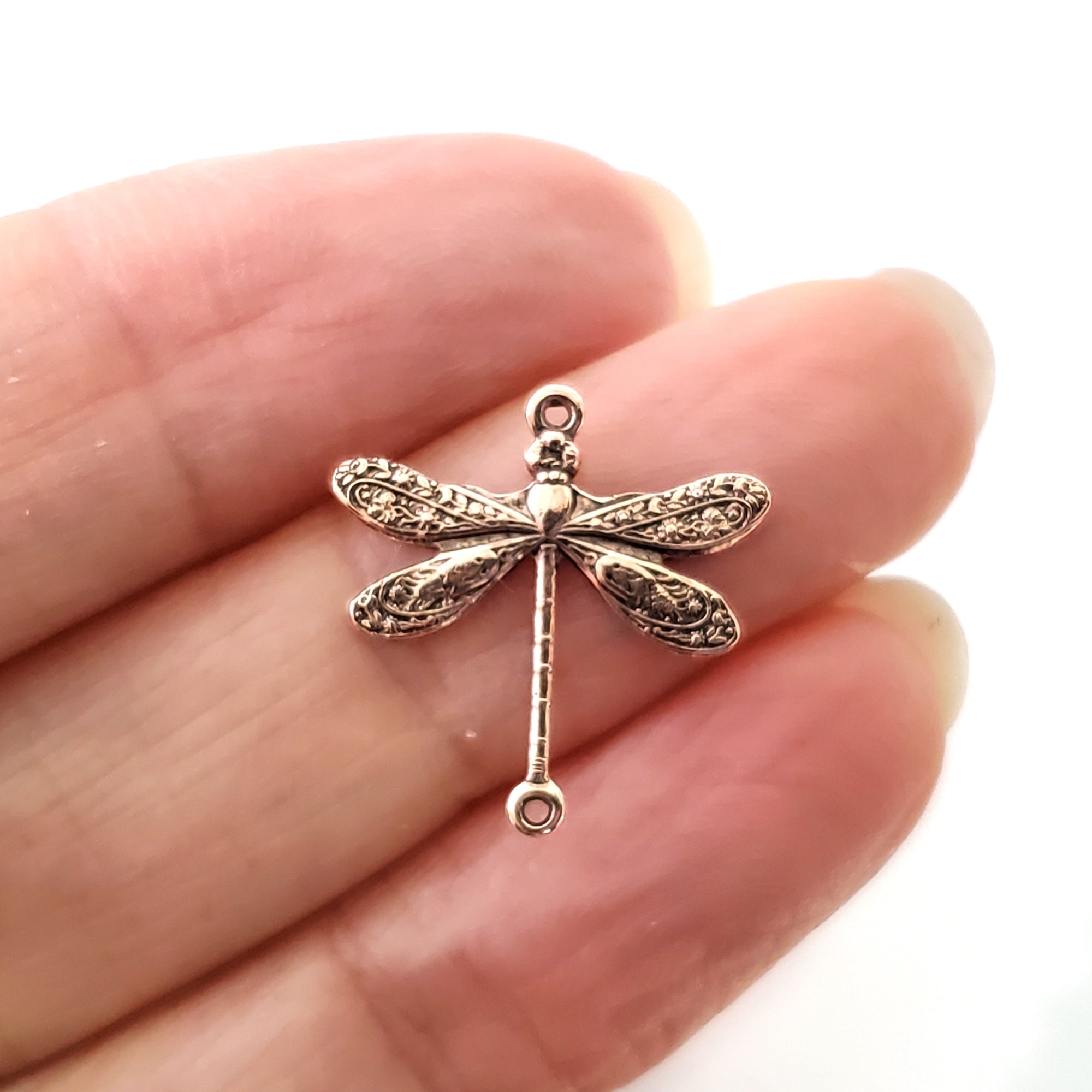 Small Rose Gold Dragonfly Connector Charm, 2 Loops, 24 Kt Gold Plated Brass, Lot Size 10, #02 RG