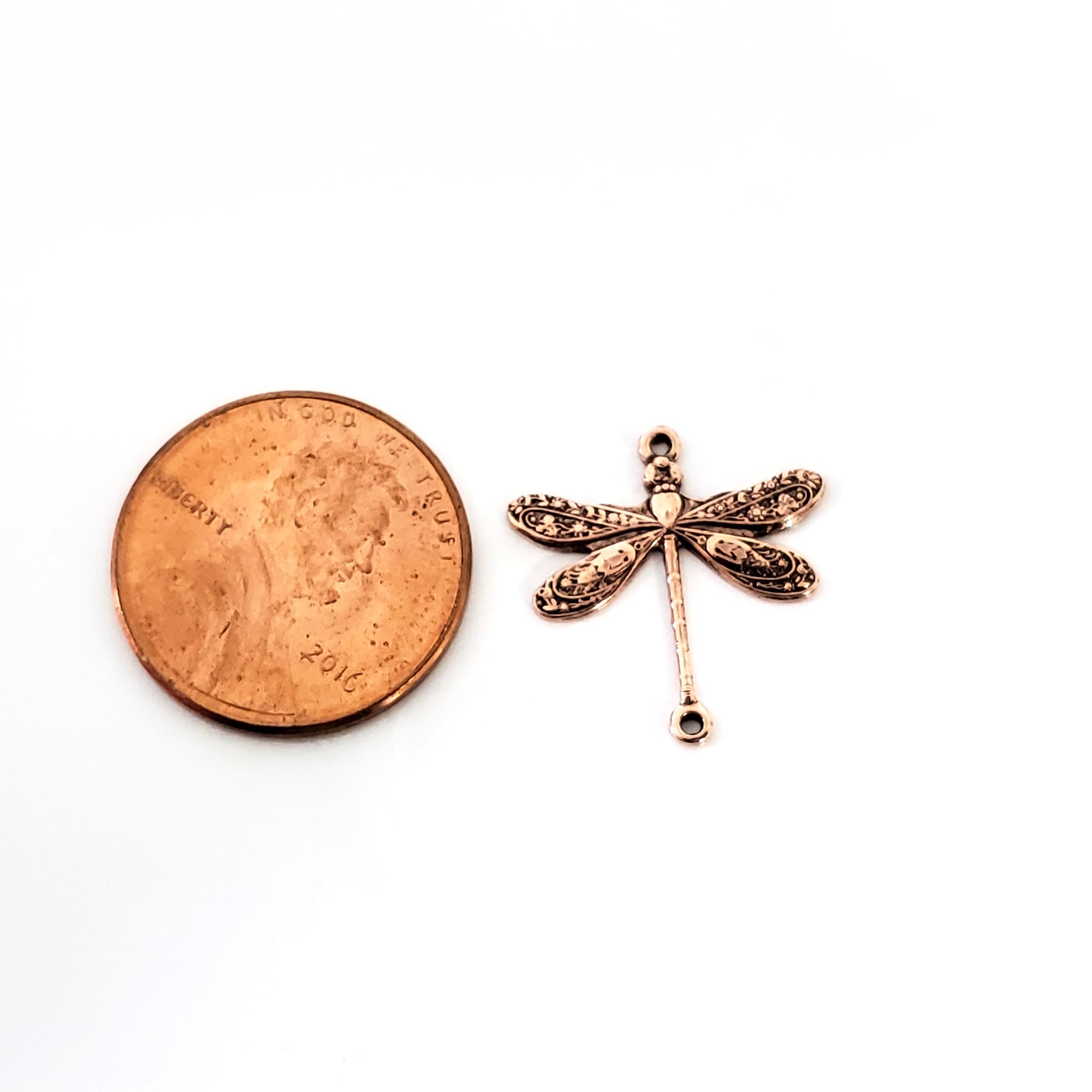Small Rose Gold Dragonfly Connector Charm, 2 Loops, 24 Kt Gold Plated Brass, Lot Size 10, #02 RG