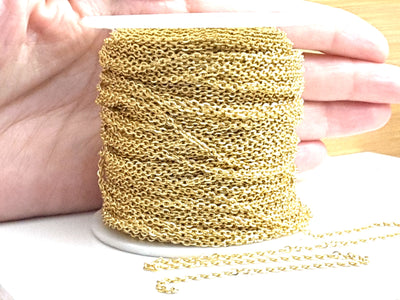 Fine Gold Stainless Chain, 3x2mm Flattened Oval Links, Bulk 50 Meters on a Spool, #1909 G