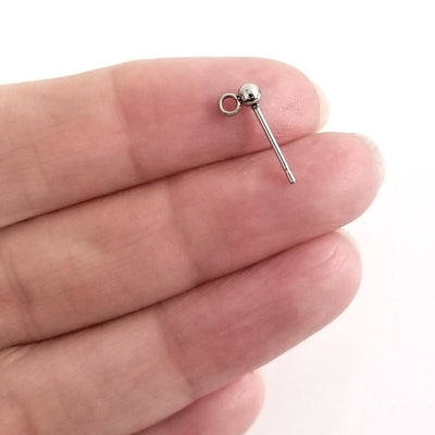 3mm Ball Earrings Posts, 2mm Loop, 0.7mm Pin, 100 Pieces, #1357