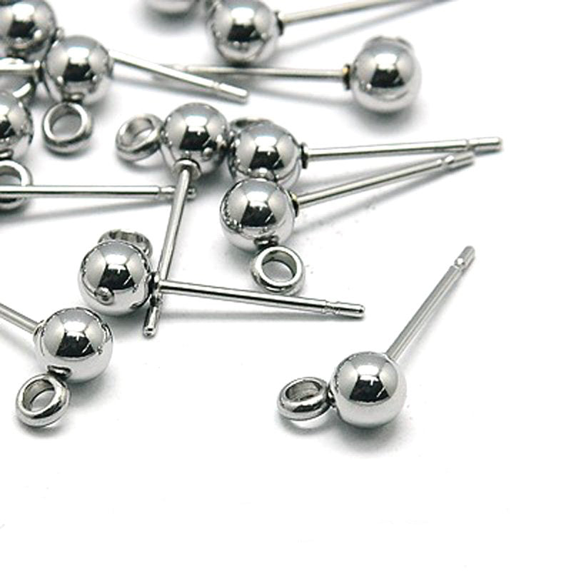 4mm Ball Earrings Posts, 2mm Loop, 0.7mm Pin, 100 Pieces, #1359