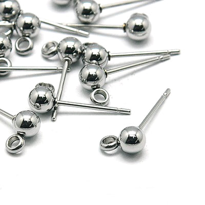 Earring Post w/ 4MM Ball & Closed Ring, Imitation Rhodium (36 Pieces)