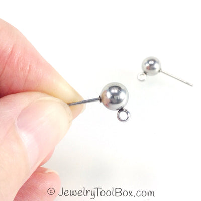 6mm Ball Earrings Posts, 2mm Loop, 0.7mm Pin, 100 Pieces, #1360