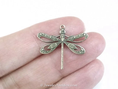 Large Antique Brass Filigree Dragonfly Charm, 1 Loop, Lot Size 10, #08B