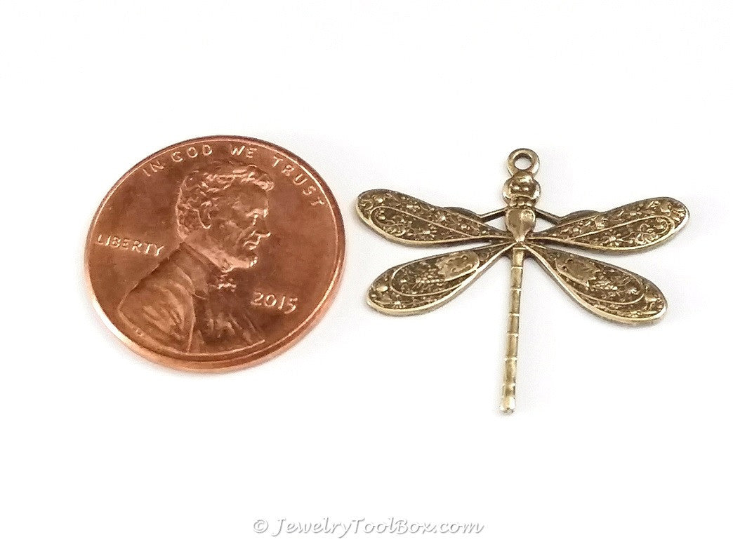 Large Antique Brass Dragonfly Charm, 1 Loop, Lot Size 10, #04B