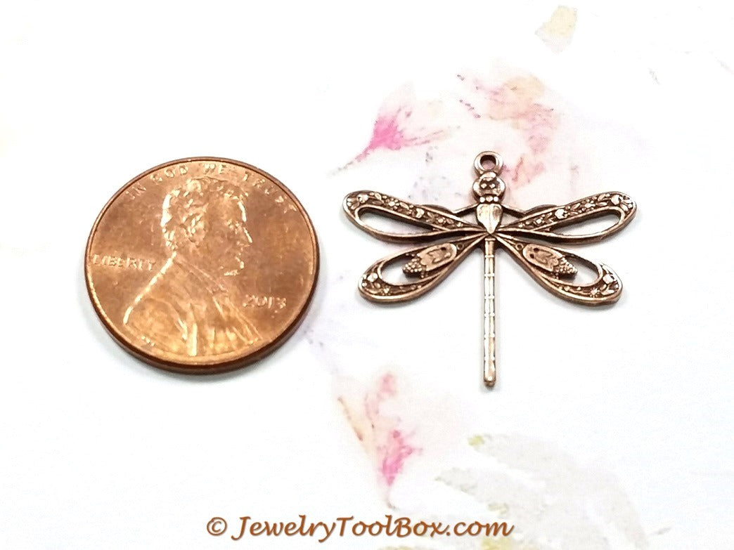 Large Antique Copper Filigree Dragonfly Charm, 1 Loop, Lot Size 10, #08C