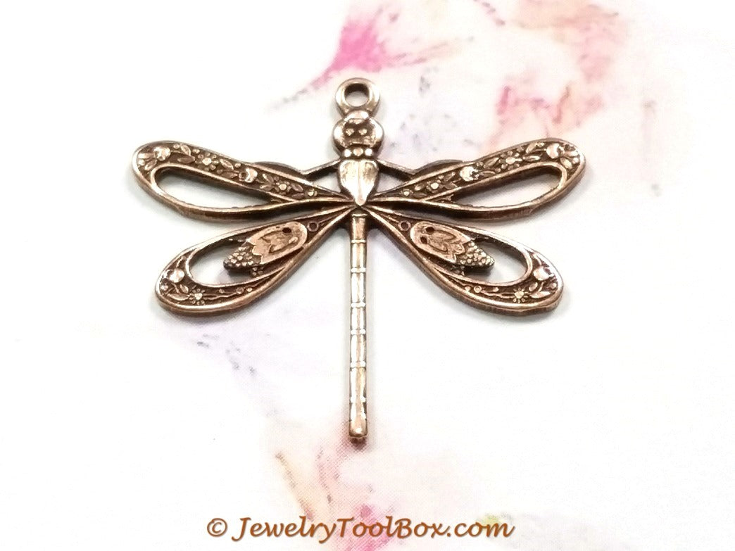 Large Antique Copper Filigree Dragonfly Charm, 1 Loop, Lot Size 10, #08C