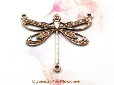 Large Antique Copper Filigree Dragonfly Pendant Connector Charm, 3 Loops, Lot Size 10, #10C