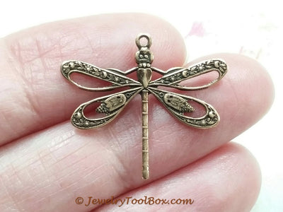 Large Antique Copper Filigree Dragonfly Charm, 1 Loop, Lot Size 10, #08C