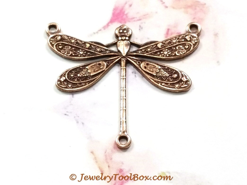 Large Antique Copper Dragonfly Pendant Connector Charm, 3 Loops, Lot Size 10, #06C