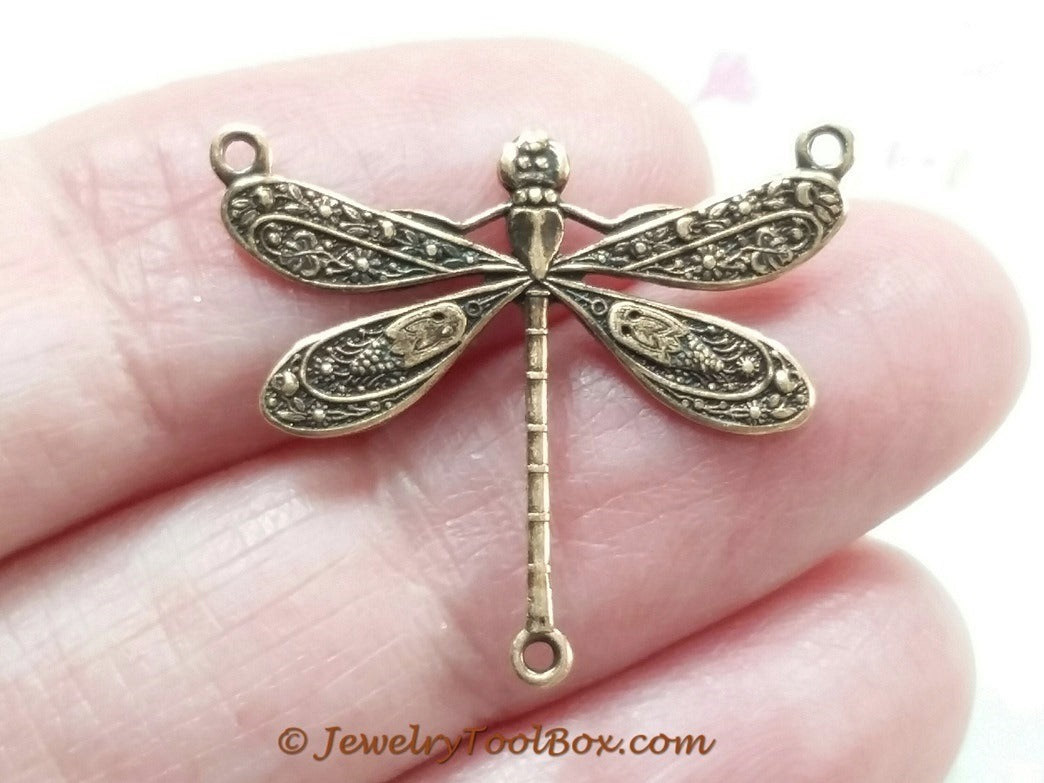 Large Antique Copper Dragonfly Pendant Connector Charm, 3 Loops, Lot Size 10, #06C