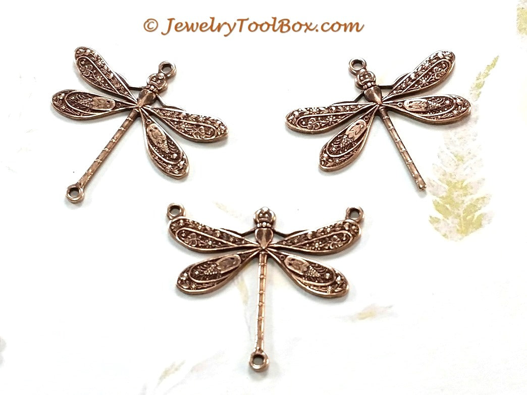 Large Antique Copper Dragonfly Pendant Connector Charm, 3 Loops, Lot Size 10, #06C