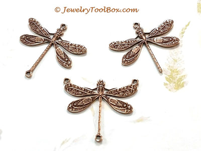 Large Antique Copper Dragonfly Pendant Connector Charm, 3 Loops, Lot Size 10, #06C