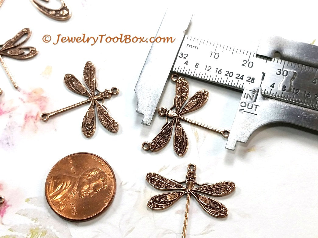 Large Antique Copper Dragonfly Pendant Connector Charm, 3 Loops, Lot Size 10, #06C