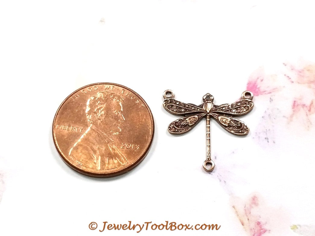 Small Antique Copper Dragonfly Pendant Connector Charm, 3 Loop, Lot Size 10, #03C