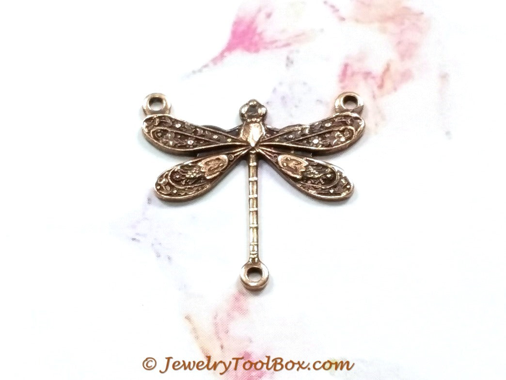 Small Antique Copper Dragonfly Pendant Connector Charm, 3 Loop, Lot Size 10, #03C