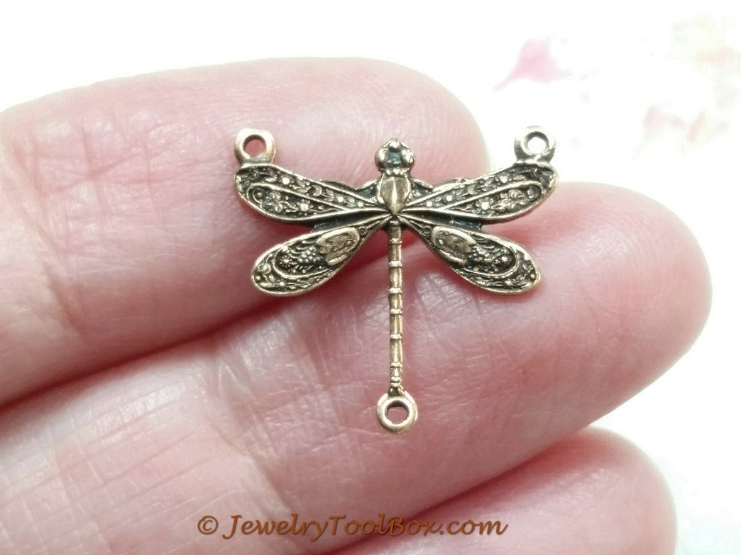 Small Antique Copper Dragonfly Pendant Connector Charm, 3 Loop, Lot Size 10, #03C