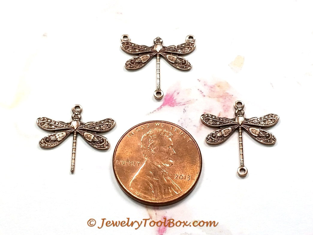 Small Antique Copper Dragonfly Pendant Connector Charm, 3 Loop, Lot Size 10, #03C