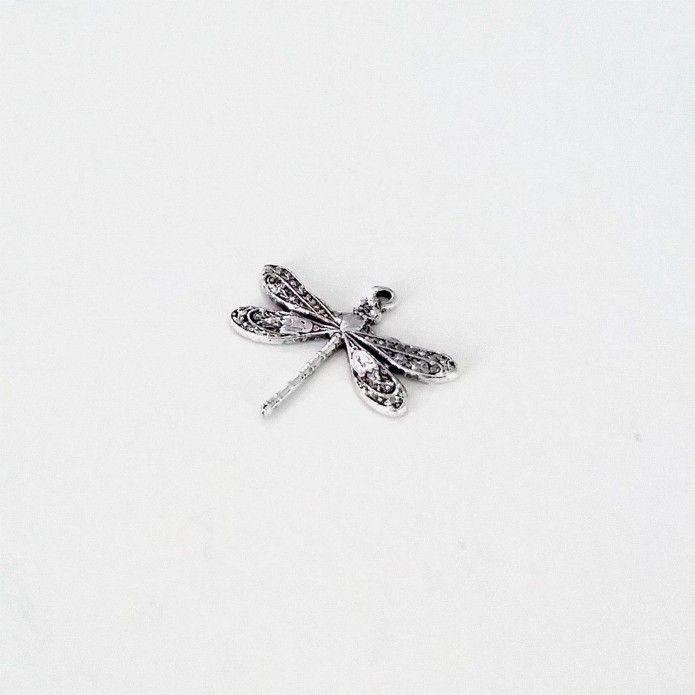 Small Silver Dragonfly Charm, 1 Loop, Antique Sterling Silver Plated Brass, Lot Size 10, #01S
