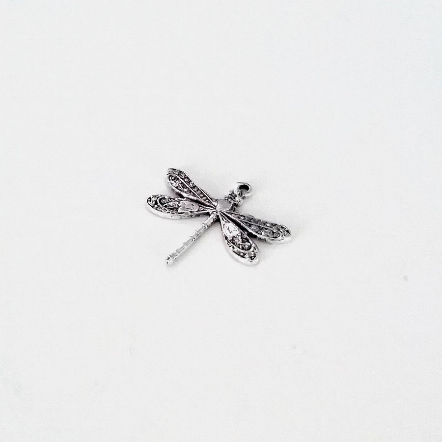 Small Silver Dragonfly Charm, 1 Loop, Antique Sterling Silver Plated Brass, Lot Size 10, #01S