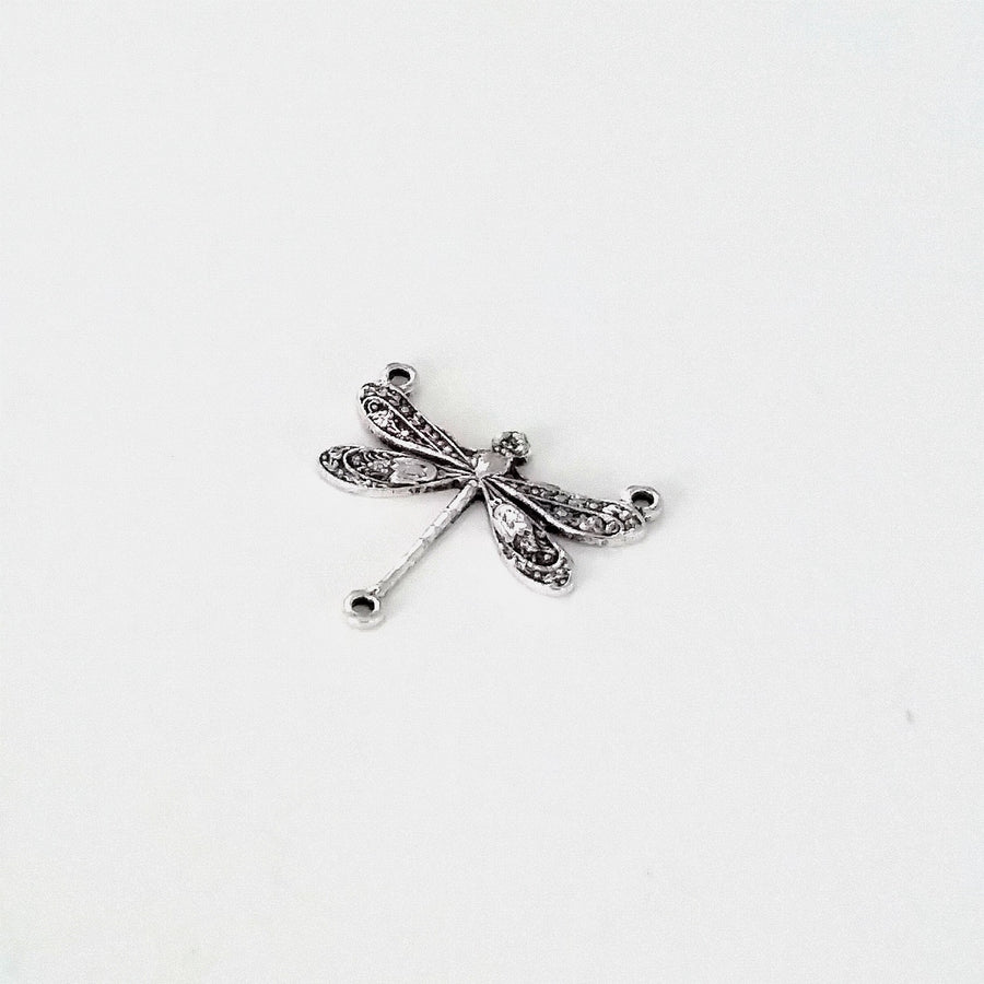 Small Silver Dragonfly Pendant Connector Charm, 3 Loops, Sterling Silver Plated Brass, Lot Size 10, #03S