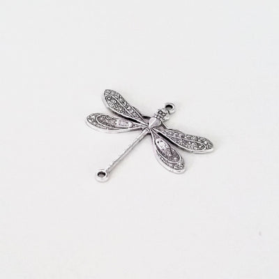 Large Silver Dragonfly Connector Charm, 2 Loop, Antique Sterling Silver Plated Brass, Lot Size 10, #05S