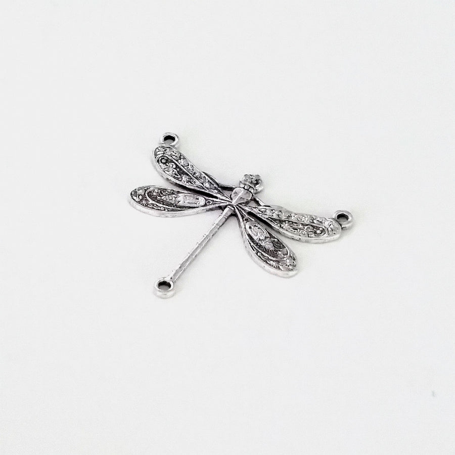 Large Silver Dragonfly Pendant Connector Charm, 3 Loop, Antique Sterling Silver Plated Brass, Lot Size 10, #06S
