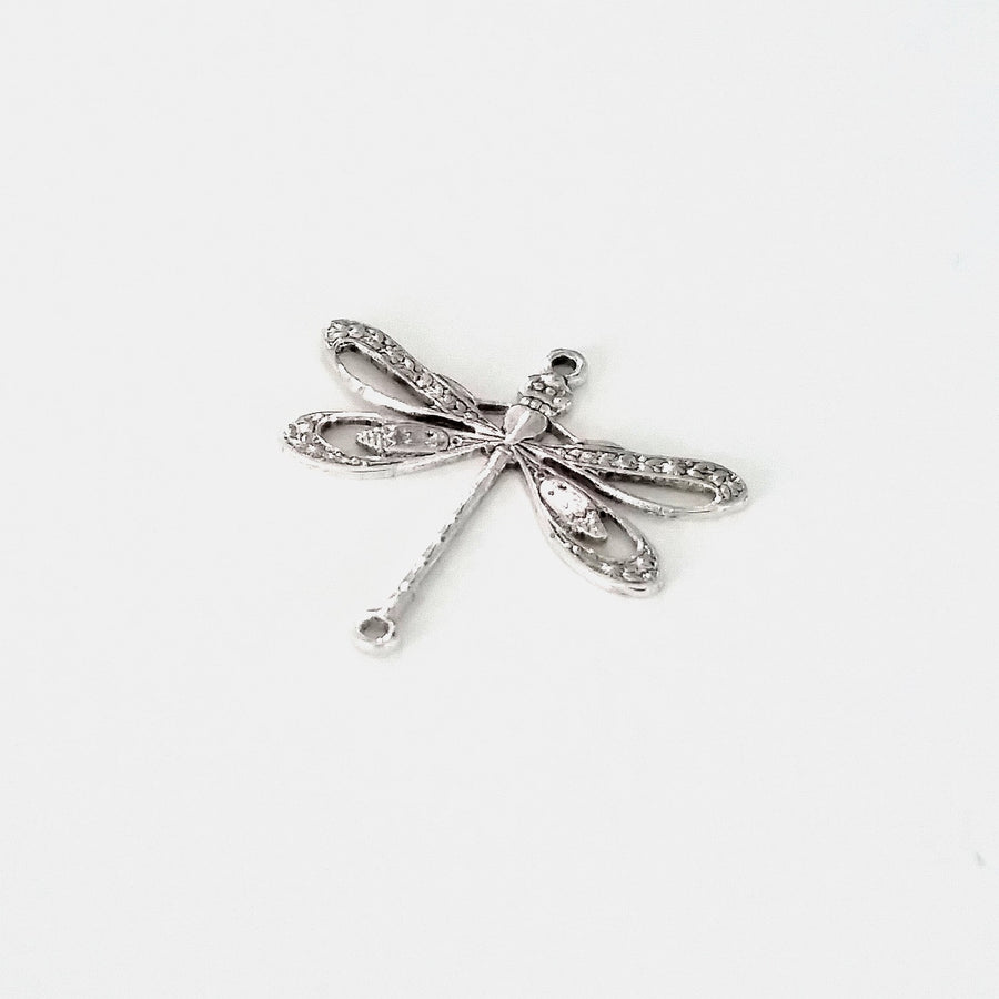 Large Silver Filigree Dragonfly Connector Charm, 2 Loop, Antique Sterling Silver Plated Brass, Lot Size 10, #09S