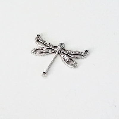 Large Silver Filigree Dragonfly Pendant Connector Charm, 3 Loop, Antique Sterling Silver Plated Brass, Lot Size 10, #10S
