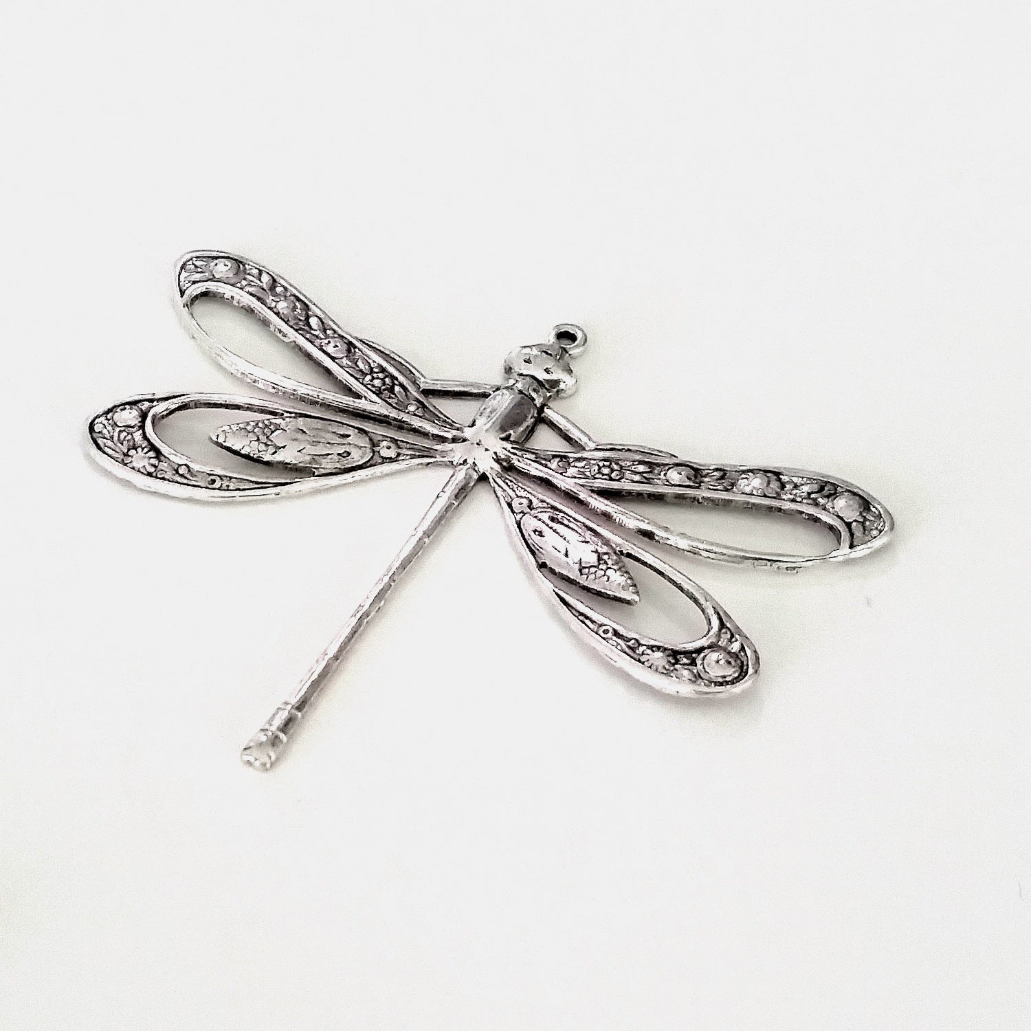 Extra Large Silver Filigree Dragonfly Charm, 1 Loop, Antique Sterling Silver Plated Brass, Lot Size 2, #11S