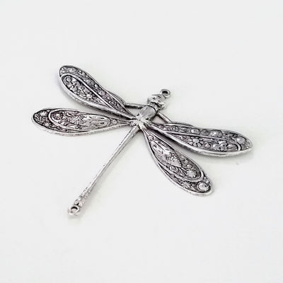 Extra Large Silver Dragonfly Connector Charm, 2 Loop, Antique Sterling Silver Plated Brass, Lot Size 2, #12S
