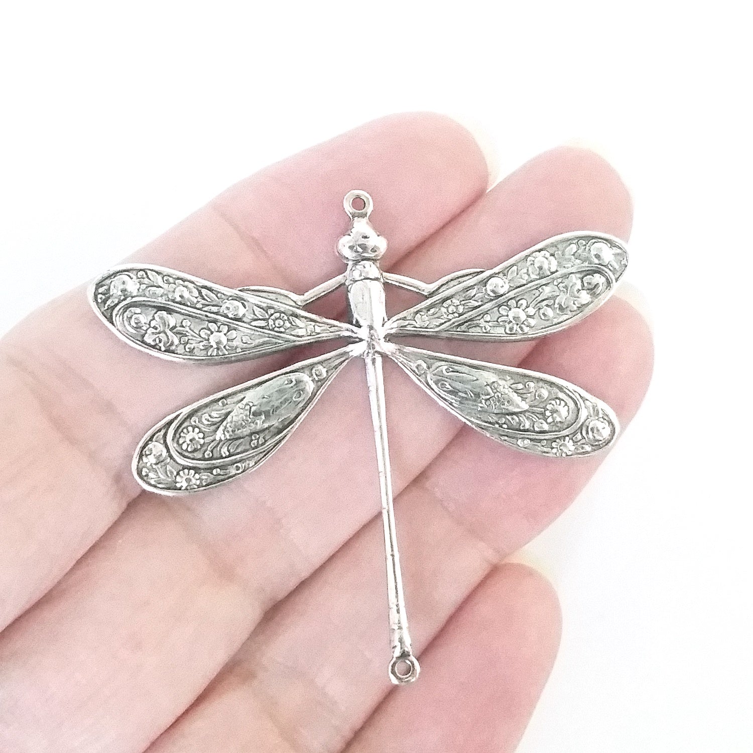 Extra Large Silver Dragonfly Connector Charm, 2 Loop, Antique Sterling Silver Plated Brass, Lot Size 2, #12S