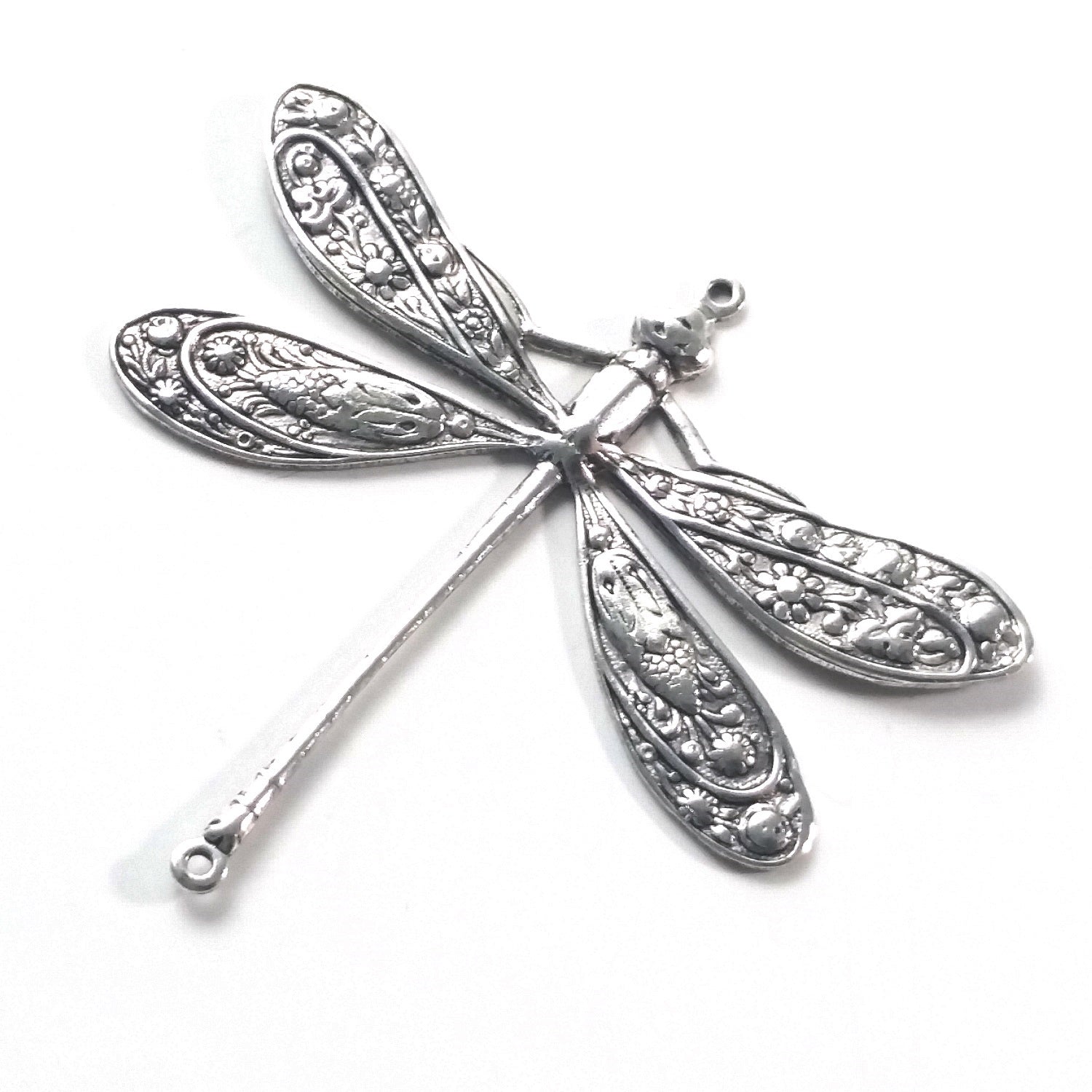 Extra Large Silver Dragonfly Connector Charm, 2 Loop, Antique Sterling Silver Plated Brass, Lot Size 2, #12S