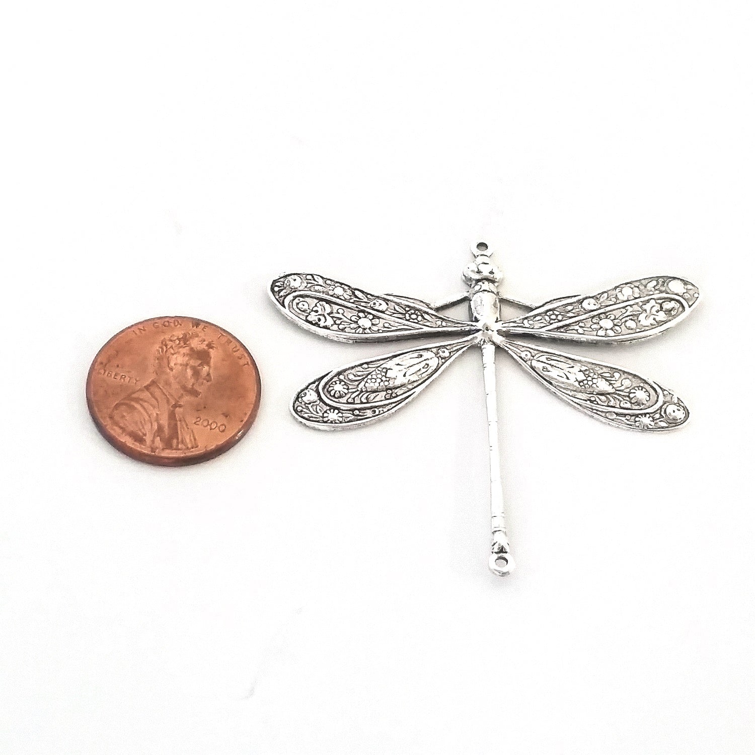 Extra Large Silver Dragonfly Connector Charm, 2 Loop, Antique Sterling Silver Plated Brass, Lot Size 2, #12S