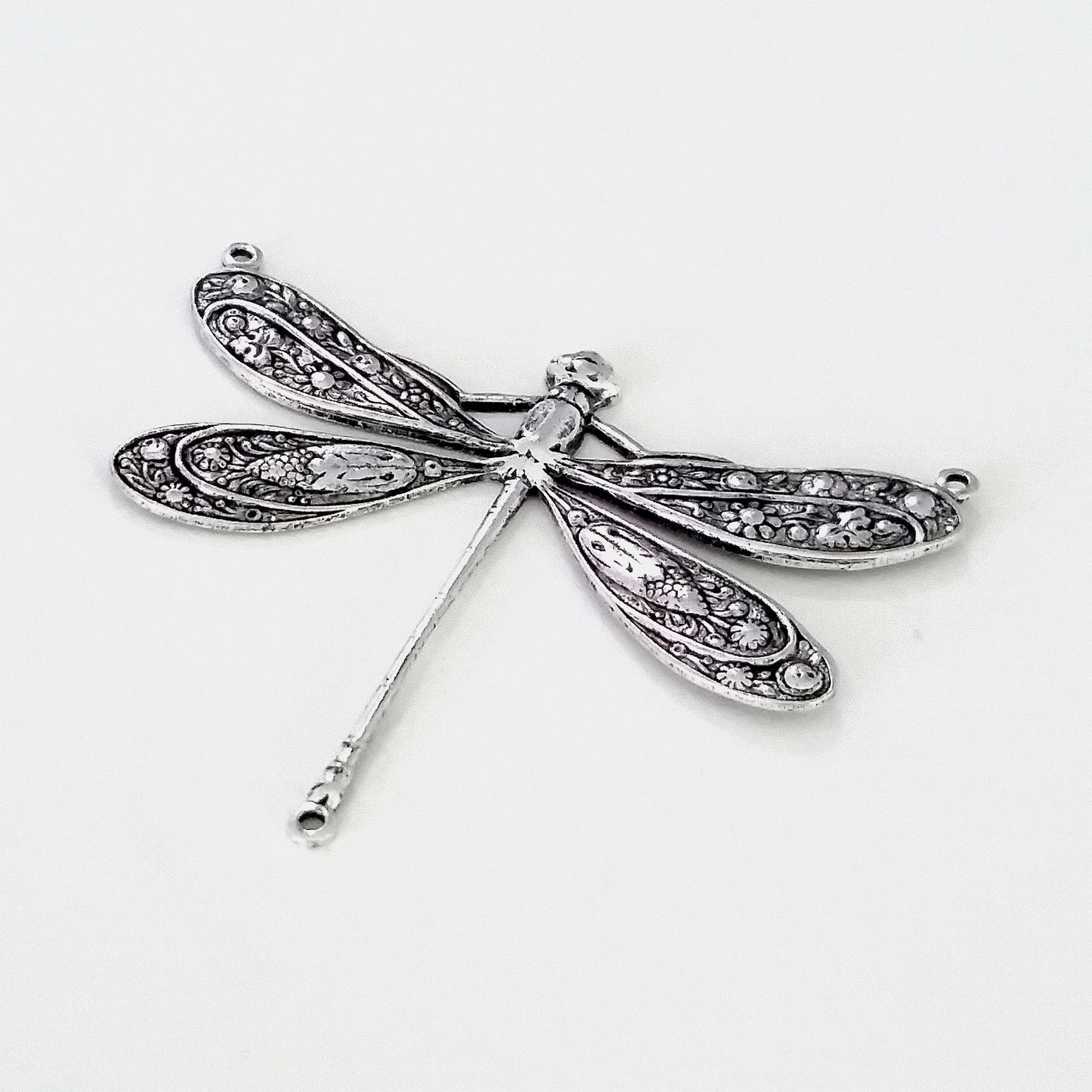 Extra Large Silver Dragonfly Pendant Connector Charm, 3 Loop, Antique Sterling Silver Plated Brass, Lot Size 2, #13S