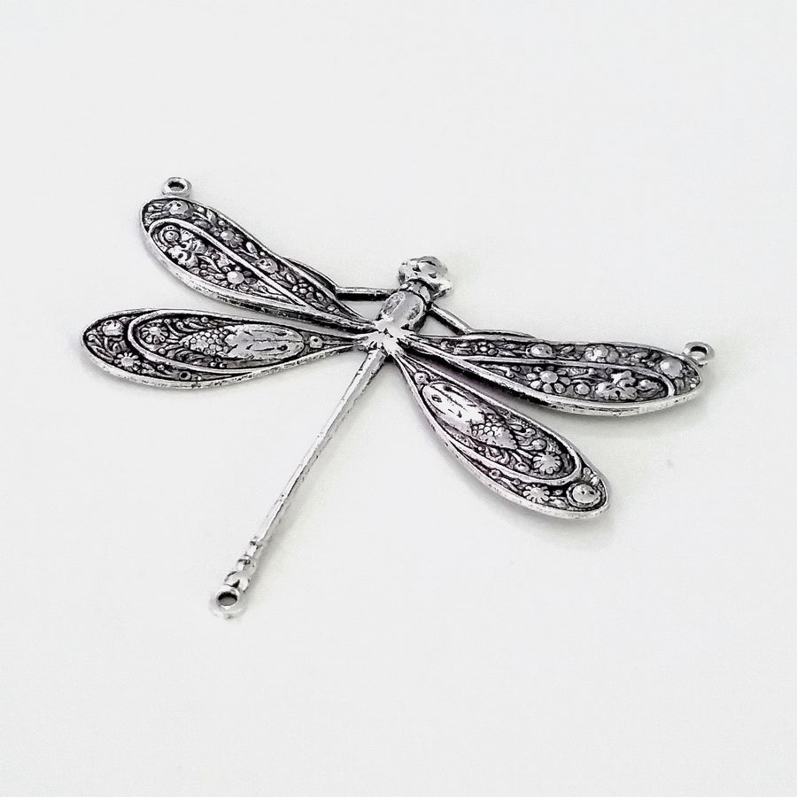 Extra Large Silver Dragonfly Pendant Connector Charm, 3 Loop, Antique Sterling Silver Plated Brass, Lot Size 2, #13S