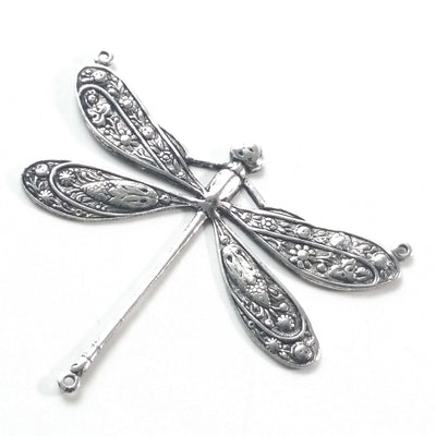 Extra Large Silver Dragonfly Pendant Connector Charm, 3 Loop, Antique Sterling Silver Plated Brass, Lot Size 2, #13S