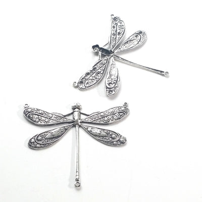 Extra Large Silver Dragonfly Pendant Connector Charm, 3 Loop, Antique Sterling Silver Plated Brass, Lot Size 2, #13S