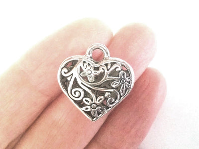 Filigree Heart Pendant, Large Antique Silver Metal Heart Valentine Charm, 20x20mm, Lot Size 8, #1180