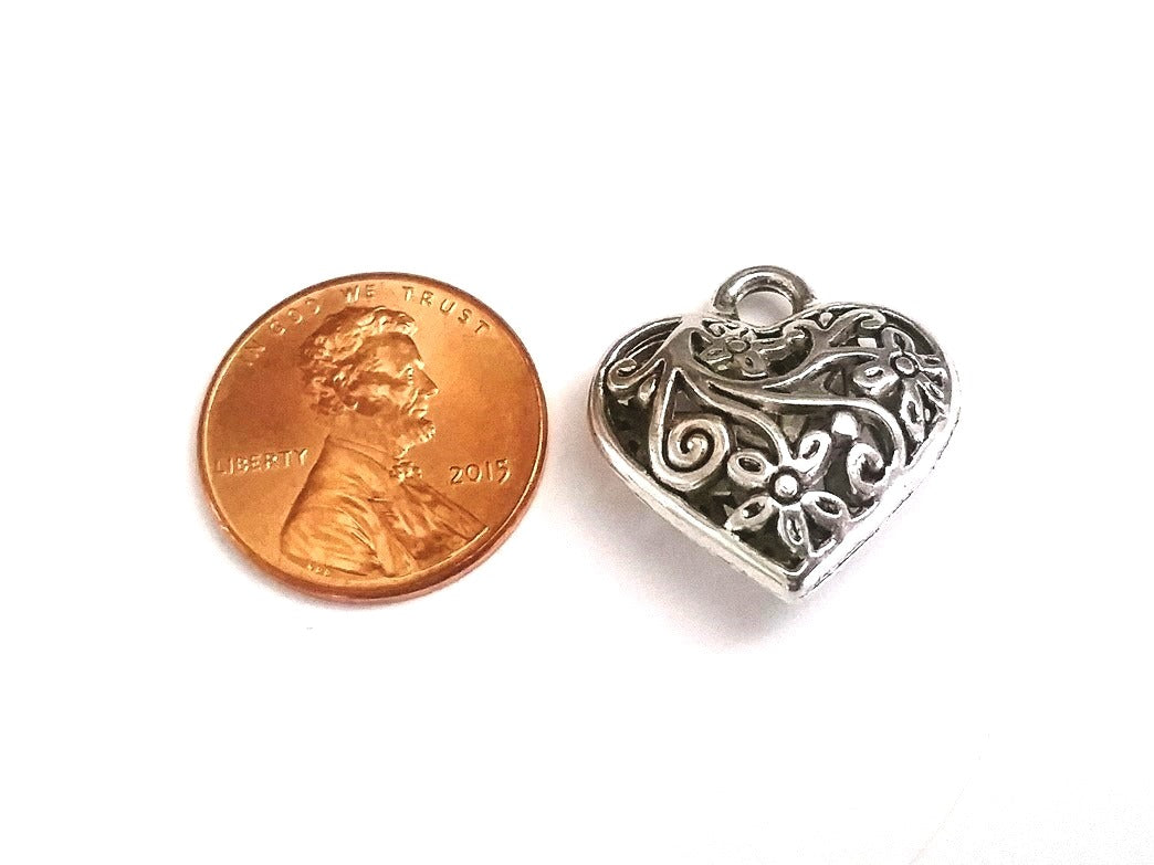 Silver Filigree Puffed Heart Charms With Loop Package of 3 Valentines Day  Charms or Pendants 
