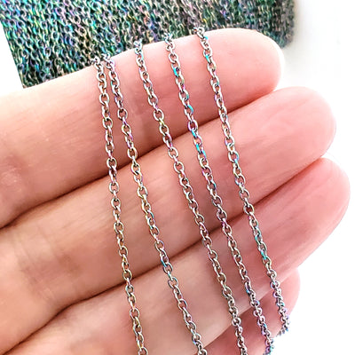 Colorful Fine Stainless Steel Chain, Bulk Jewelry Making Supplies, Flattened Oval Links, 1.5x1.5mm, Lot Size 30 Feet, #1901 MC