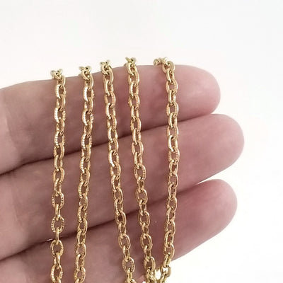 Textured Gold Stainless Steel Bulk Jewelry Making Chain, 3x4mm Oval Links Chain, 50 Meters, #1031 CG