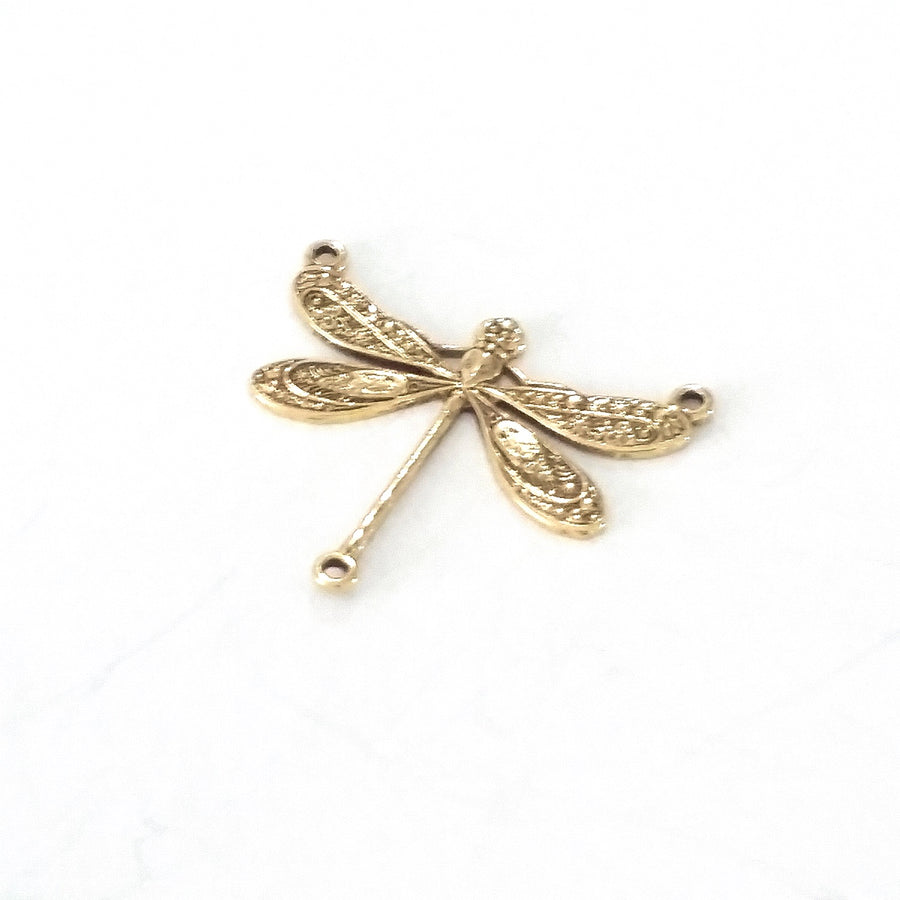 Large Gold Dragonfly Pendant Connector Charm, 3 Loops, 24 Kt Gold Plated Brass, Lot Size 10, #06G