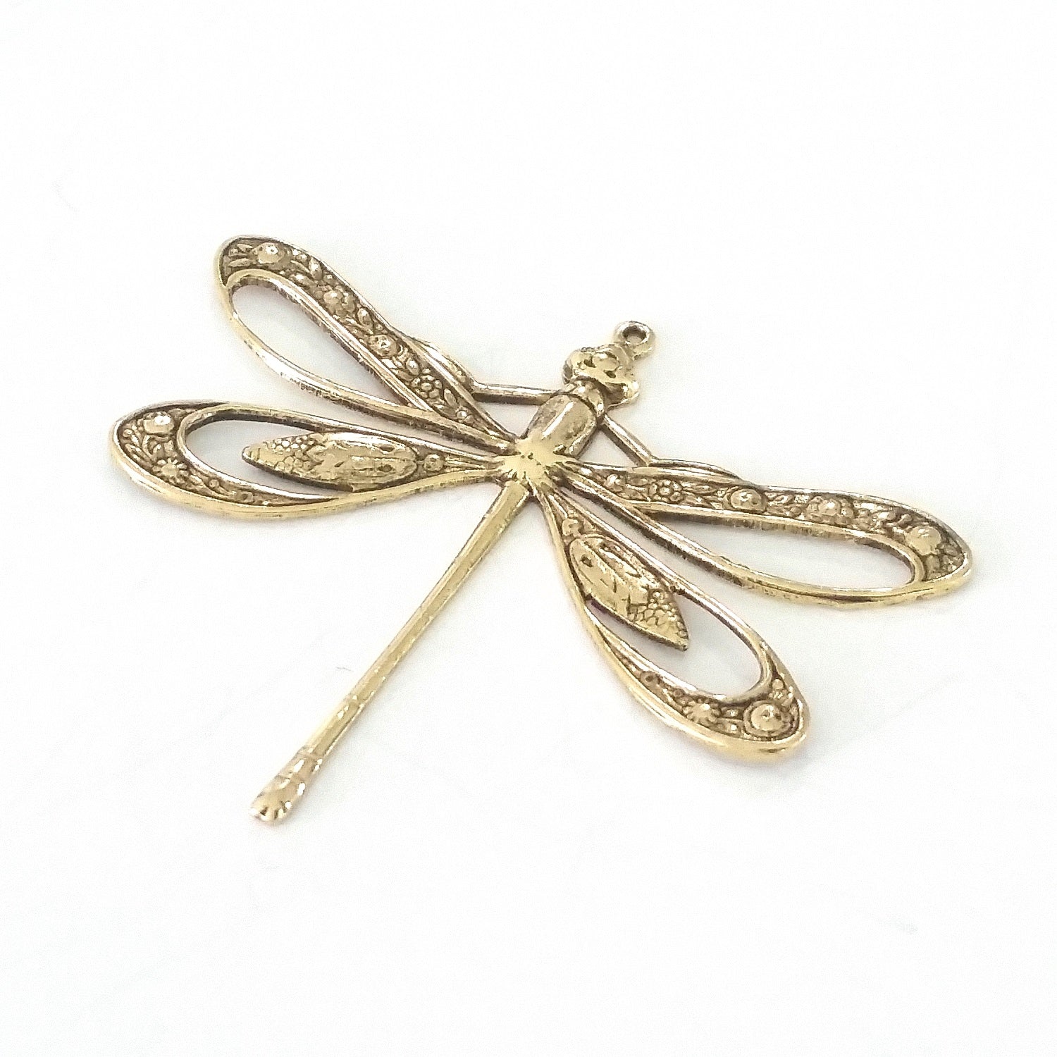 Extra Large Gold Filigree Dragonfly Charm, 1 Loop, 24 Kt Gold Plated Brass, Lot Size 2, #11G