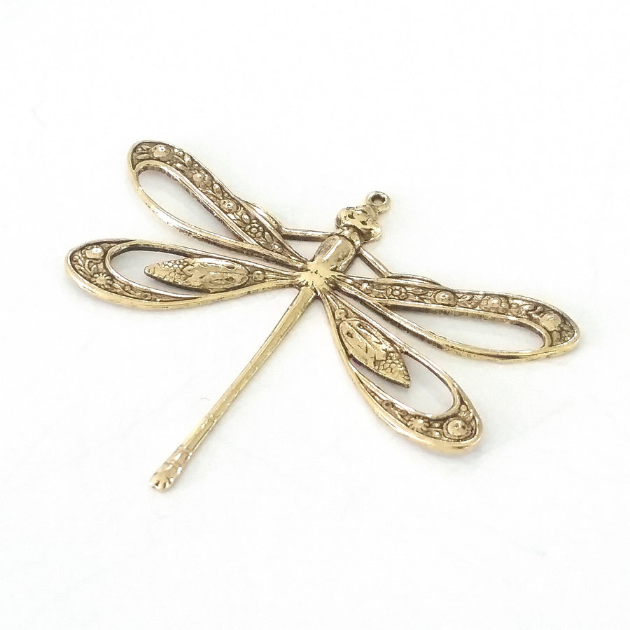 Extra Large Gold Filigree Dragonfly Charm, 1 Loop, 24 Kt Gold Plated Brass, Lot Size 2, #11G