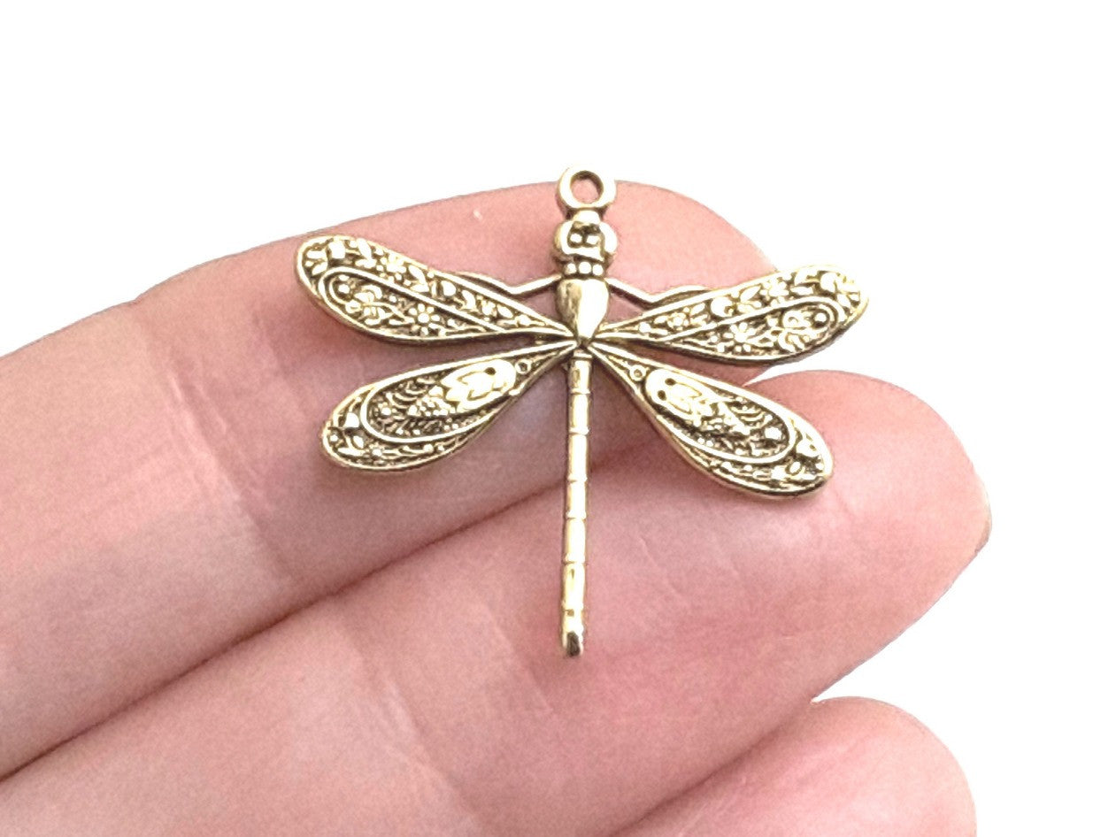 Large Gold Dragonfly Charm, 1 Loop, 24 Kt Gold Plated Brass, Lot Size 10, #04G