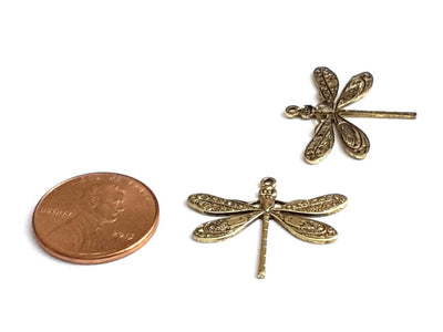Large Gold Dragonfly Charm, 1 Loop, 24 Kt Gold Plated Brass, Lot Size 10, #04G