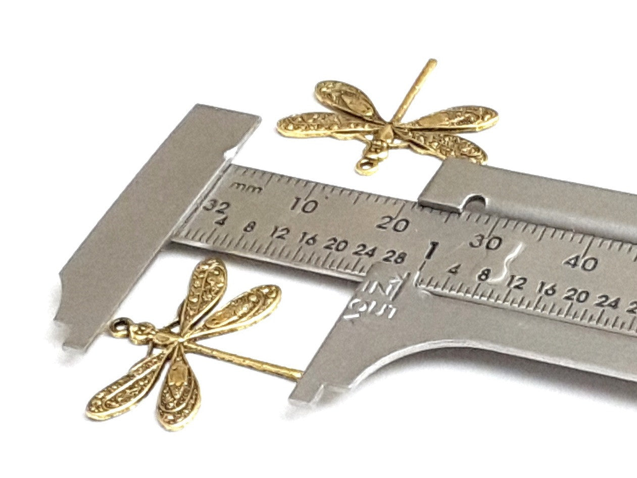 Large Gold Dragonfly Charm, 1 Loop, 24 Kt Gold Plated Brass, Lot Size 10, #04G