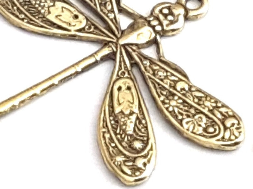 Large Gold Dragonfly Charm, 1 Loop, 24 Kt Gold Plated Brass, Lot Size 10, #04G